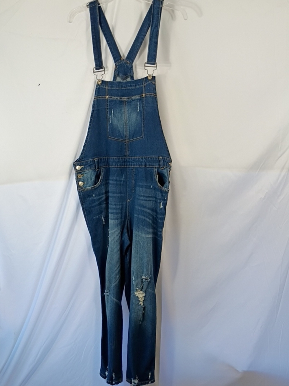 EUC ALMOST FAMOUS Dark Wash Blue Denim Distressed Jean Overall Womens Sz 16 Fall